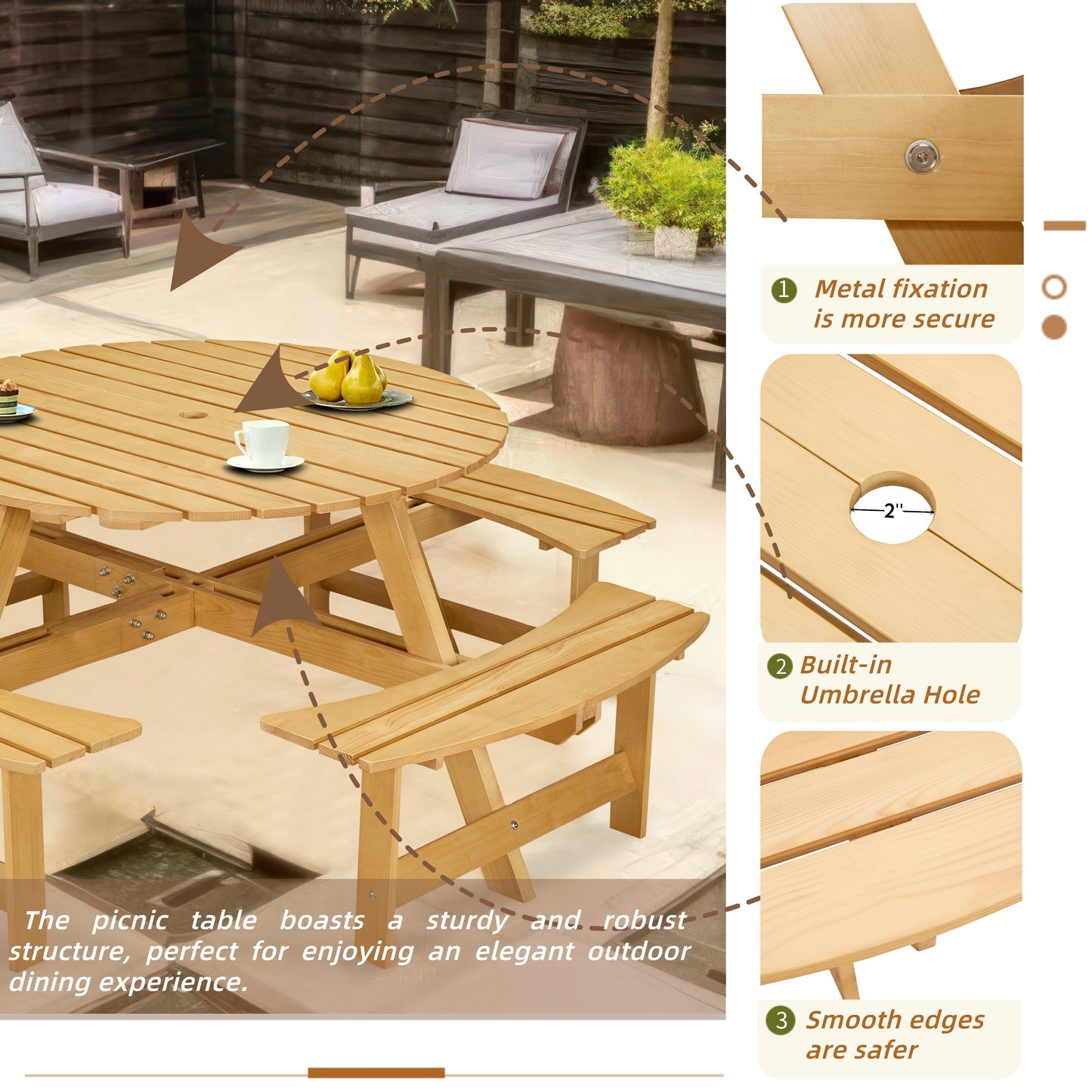 Outdoor 8 Person Round Picnic Table and Benches