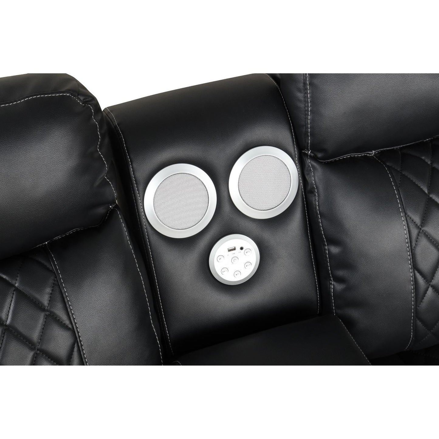 Lacrosse power reclining sectional sofa by HouseOfZazla in black leather with stitching and speakers on Tampa Home & Garden Store