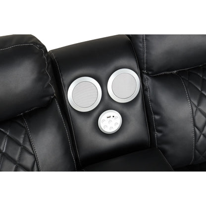 Lacrosse power reclining sectional sofa by HouseOfZazla in black leather with stitching and speakers on Tampa Home & Garden Store