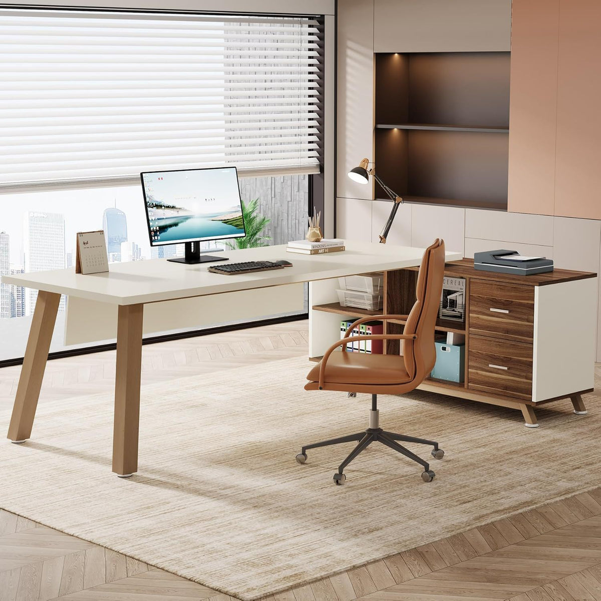 White walnut L-shaped executive desk with file cabinet and drawers, brown leather chair on Tampa Home & Garden Store