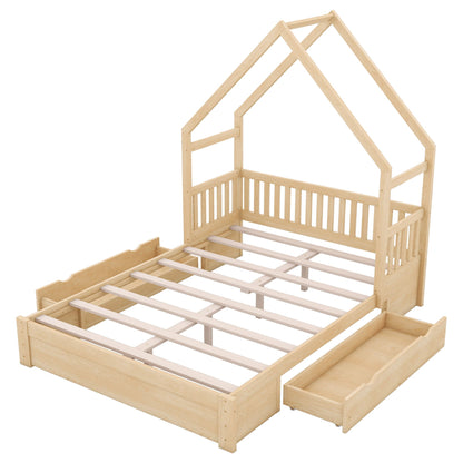 House Style Platform Bed with Guard Rail and 2 Drawers, natural wood, by HouseOfZazla on Tampa Home & Garden Store