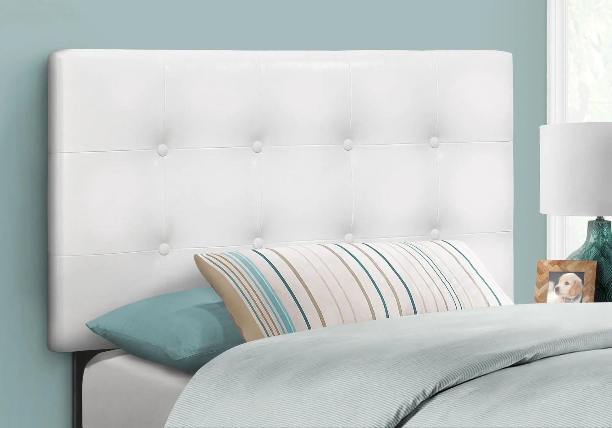 Twin size upholstered headboard, white tufted with vertical seams, Unique Piece Furniture on Tampa Home & Garden Store