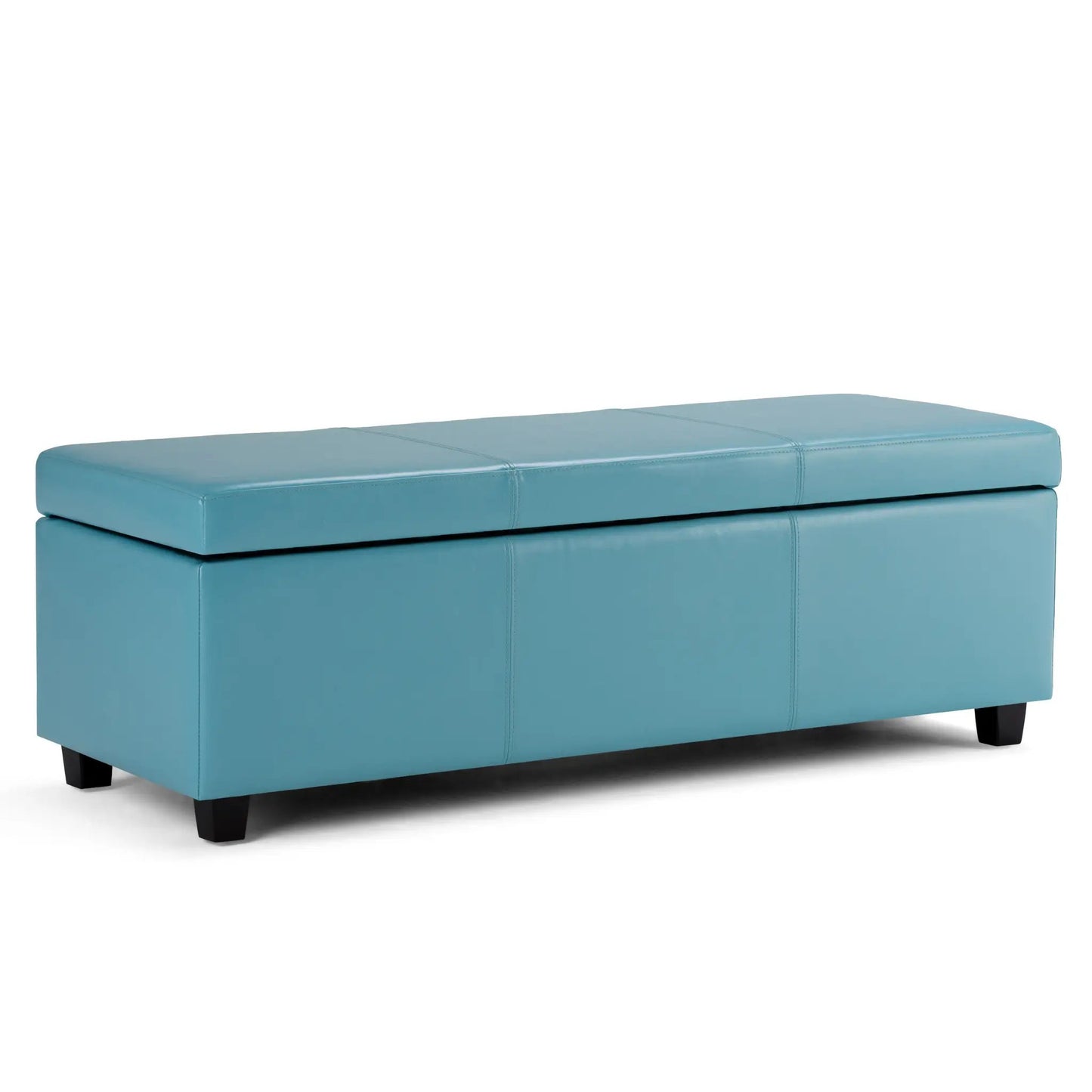 Avalon storage ottoman bench in blue faux leather with stitched panels, two-piece set on Tampa Home & Garden Store