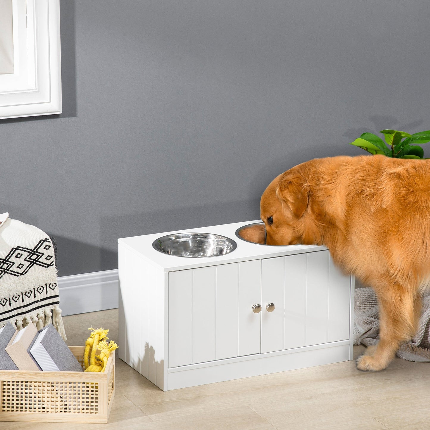 PawHut large elevated dog bowls with storage cabinet, white wood unit with dual stainless bowls on Tampa Home & Garden Store