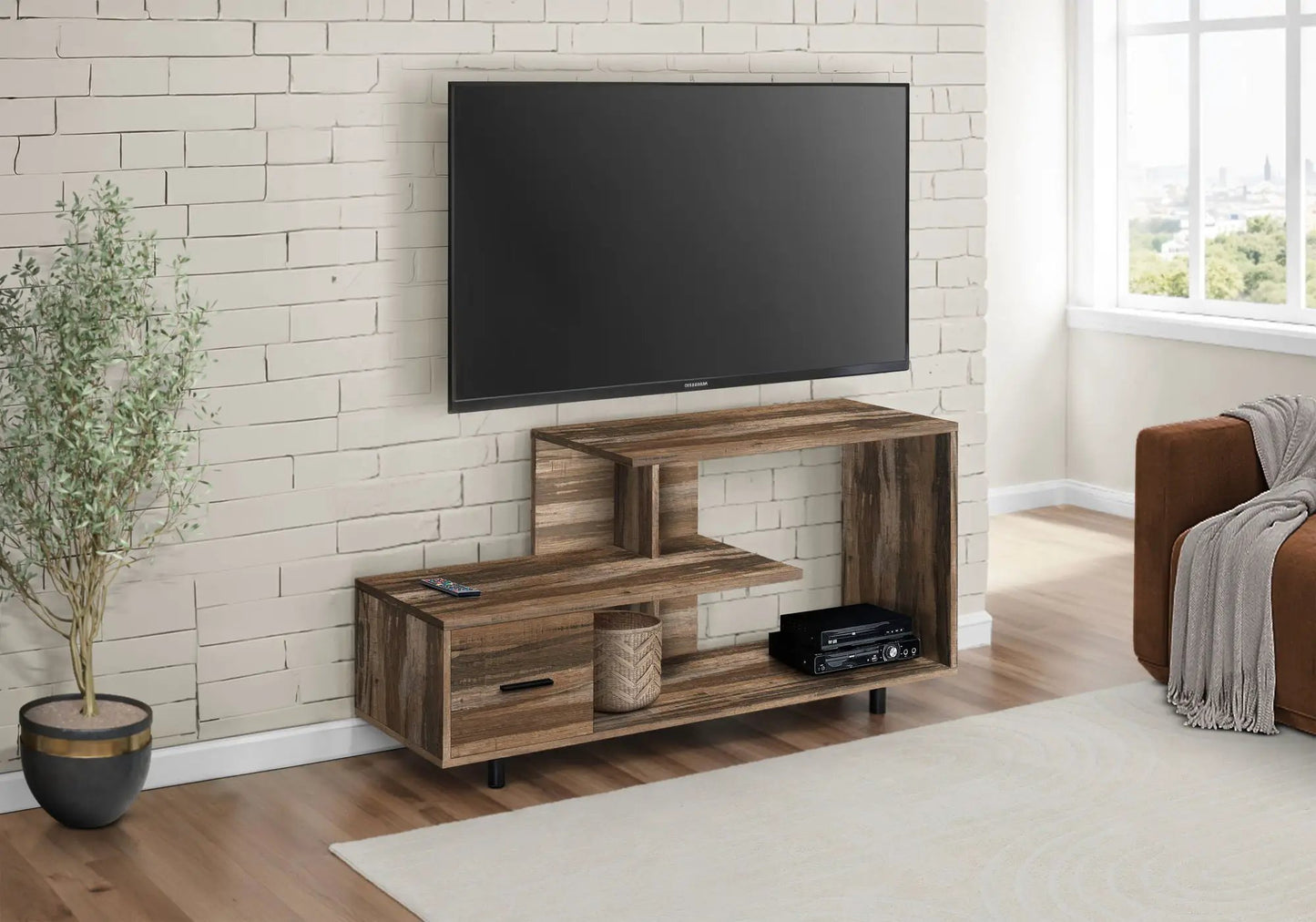 TV stand console with open shelves and storage drawer in rustic wood finish, contemporary on Tampa Home & Garden Store
