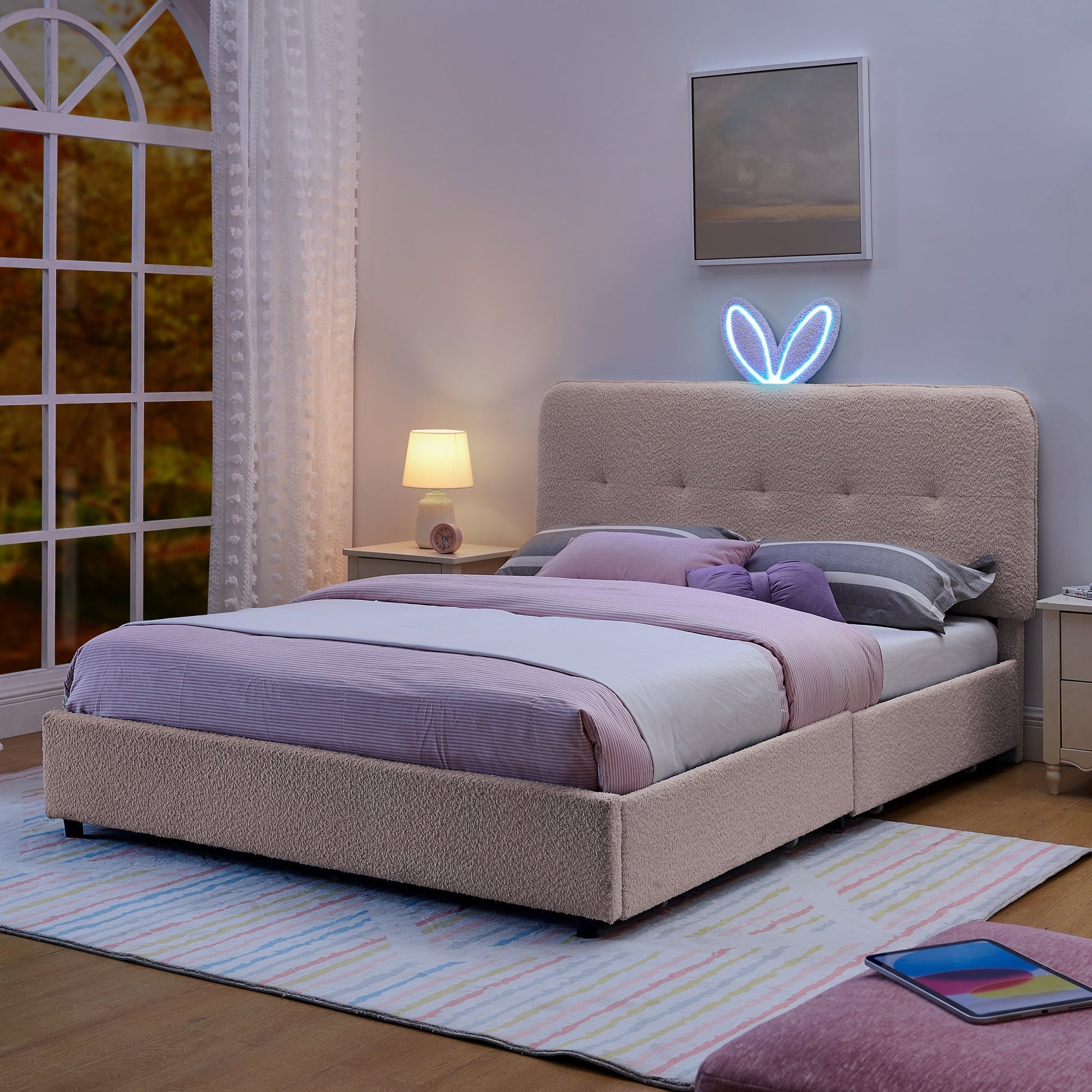 Queen size kids upholstered bed with rabbit-ear headboard and storage in beige fabric on Tampa Home & Garden Store
