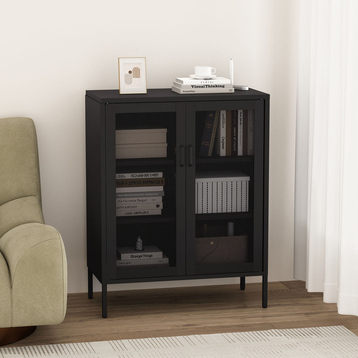 Metal Accent Cabinet by HouseOfZazla, black metal with mesh doors and adjustable shelves on Tampa Home & Garden Store