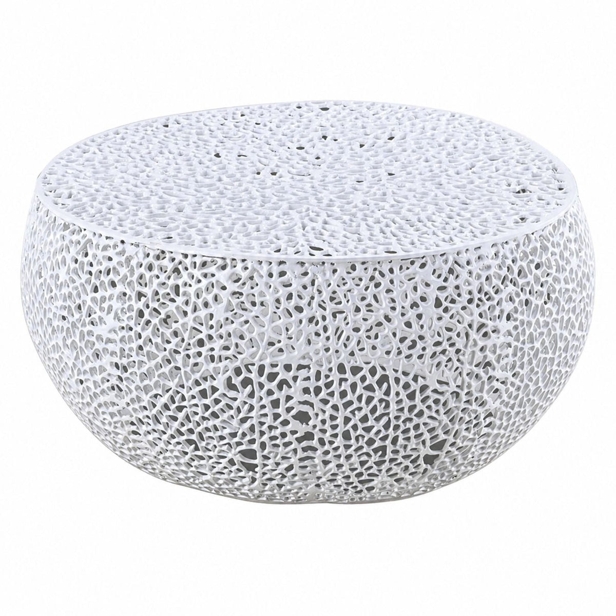 Round coffee table with aluminum frame in white featuring an intricate open lattice design on Tampa Home & Garden Store