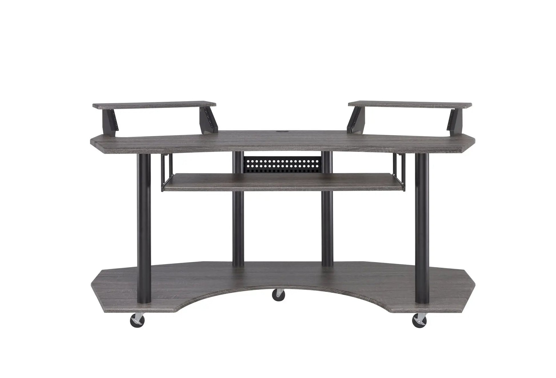 Eleazar wood recording studio desk with dual monitor shelves on black metal frame on Tampa Home & Garden Store