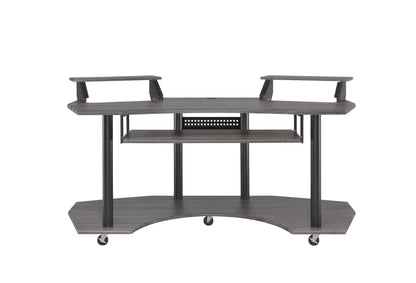 Eleazar wood recording studio desk with dual monitor shelves on black metal frame on Tampa Home & Garden Store