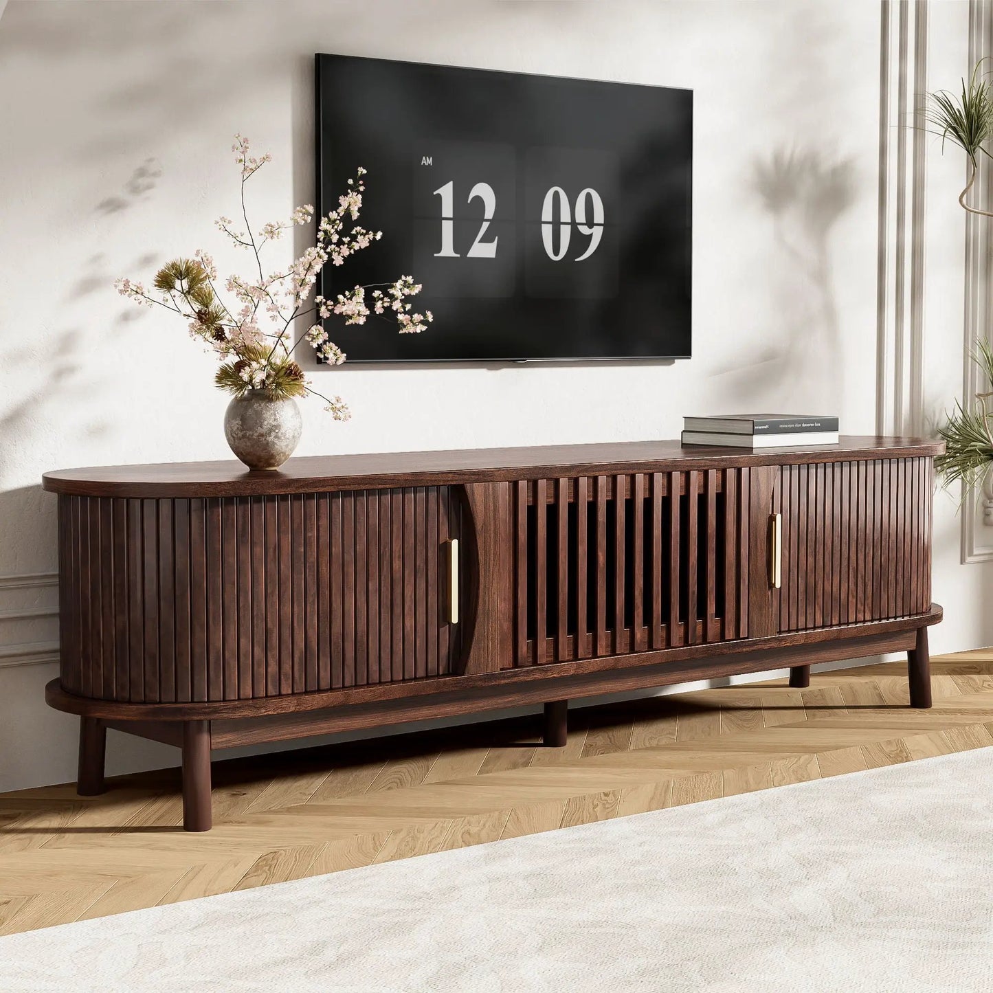 Wood TV Stand With Storage and Sliding Doors