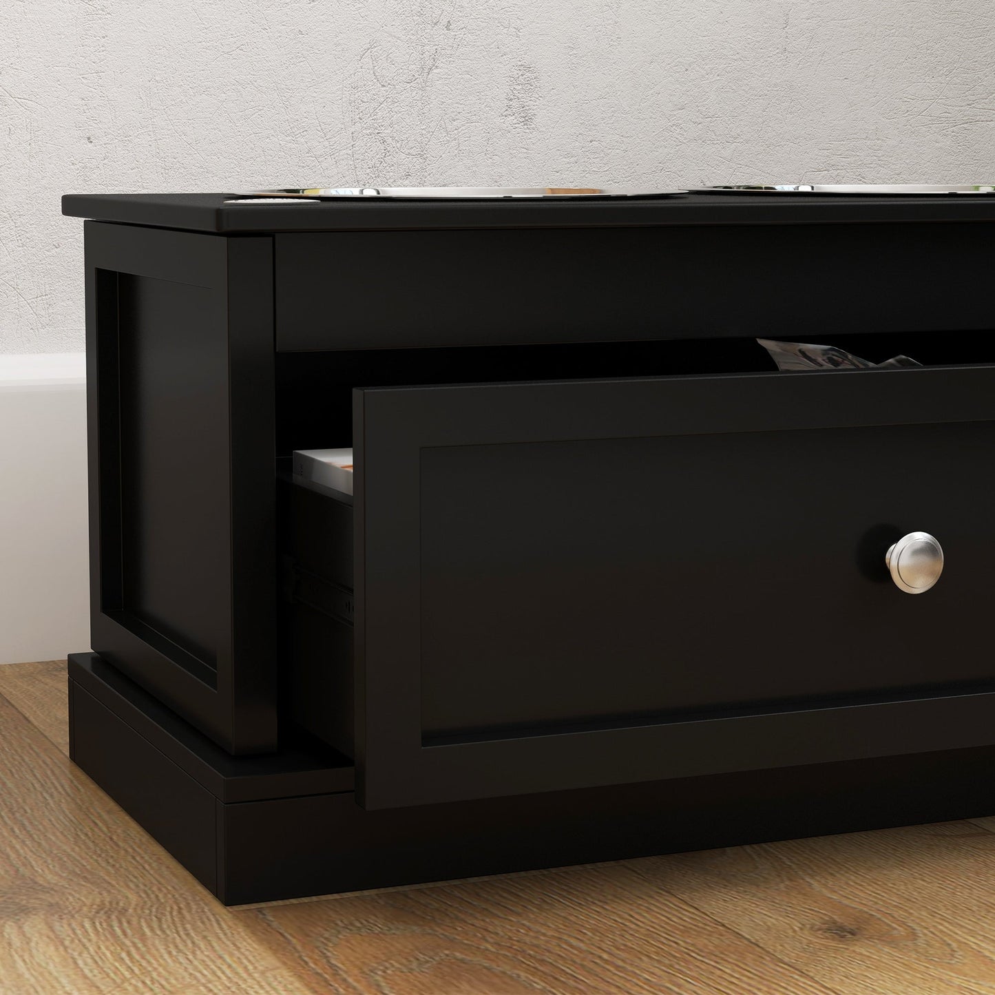 PawHut Large Elevated Dog Bowls with Storage Drawer on a black wooden stand with stainless bowls on Tampa Home & Garden Store