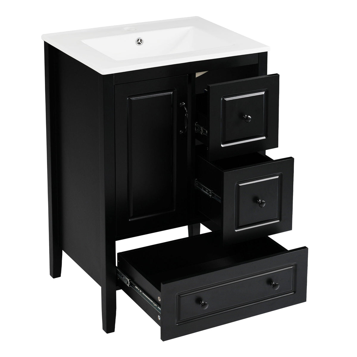 Retro bathroom vanity with white ceramic sink, black cabinet, and soft-close drawers on Tampa Home & Garden Store
