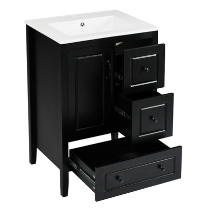 Retro bathroom vanity with white ceramic sink, black cabinet, and soft-close drawers on Tampa Home & Garden Store