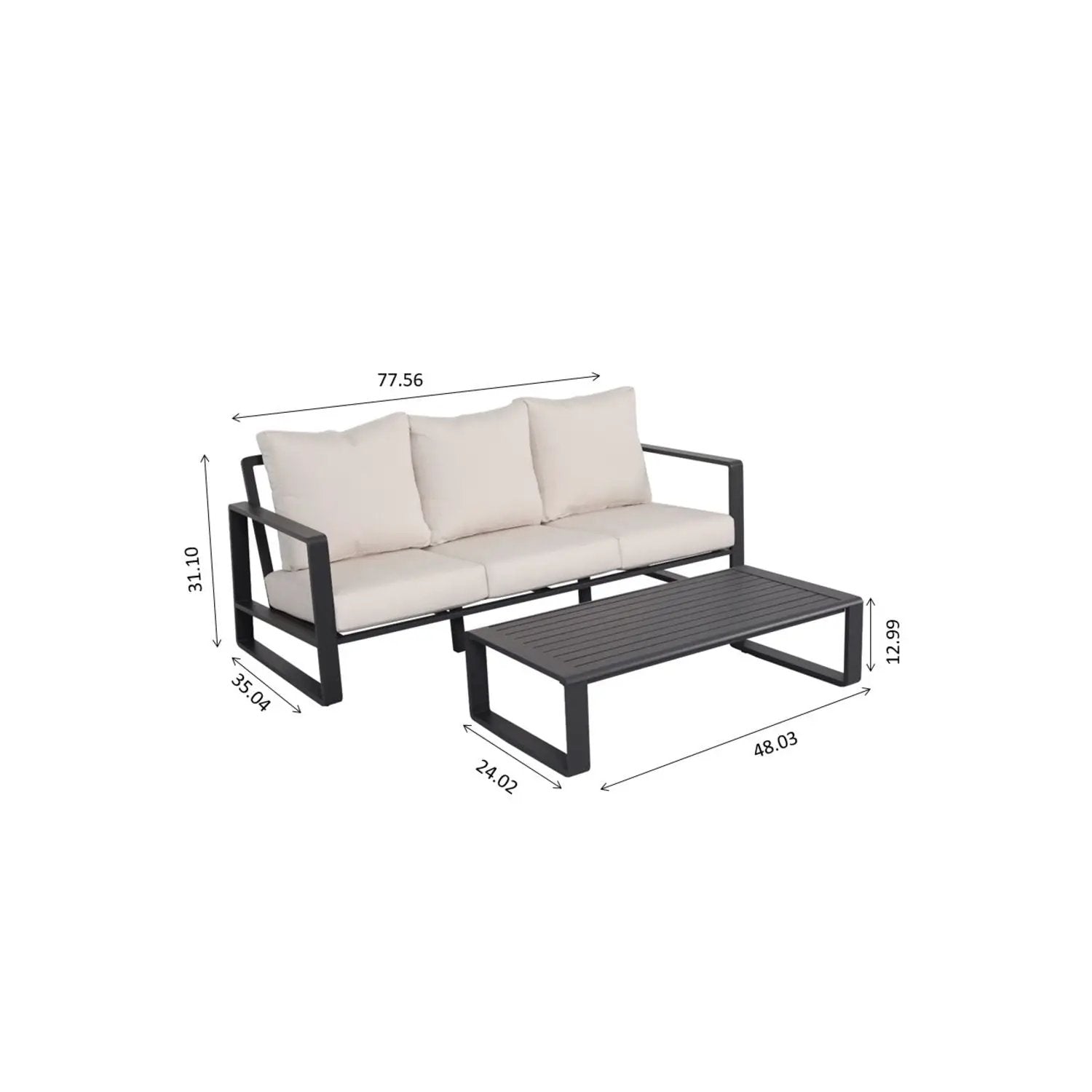 Sofa with rectangular coffee table outdoor 2-piece set in black metal frame with beige cushions on Tampa Home & Garden Store