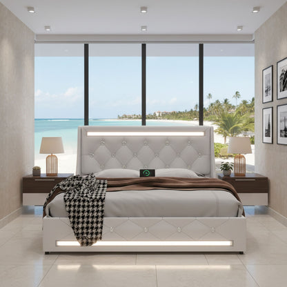 Wingback Upholstered Bed Frame Led and Usb