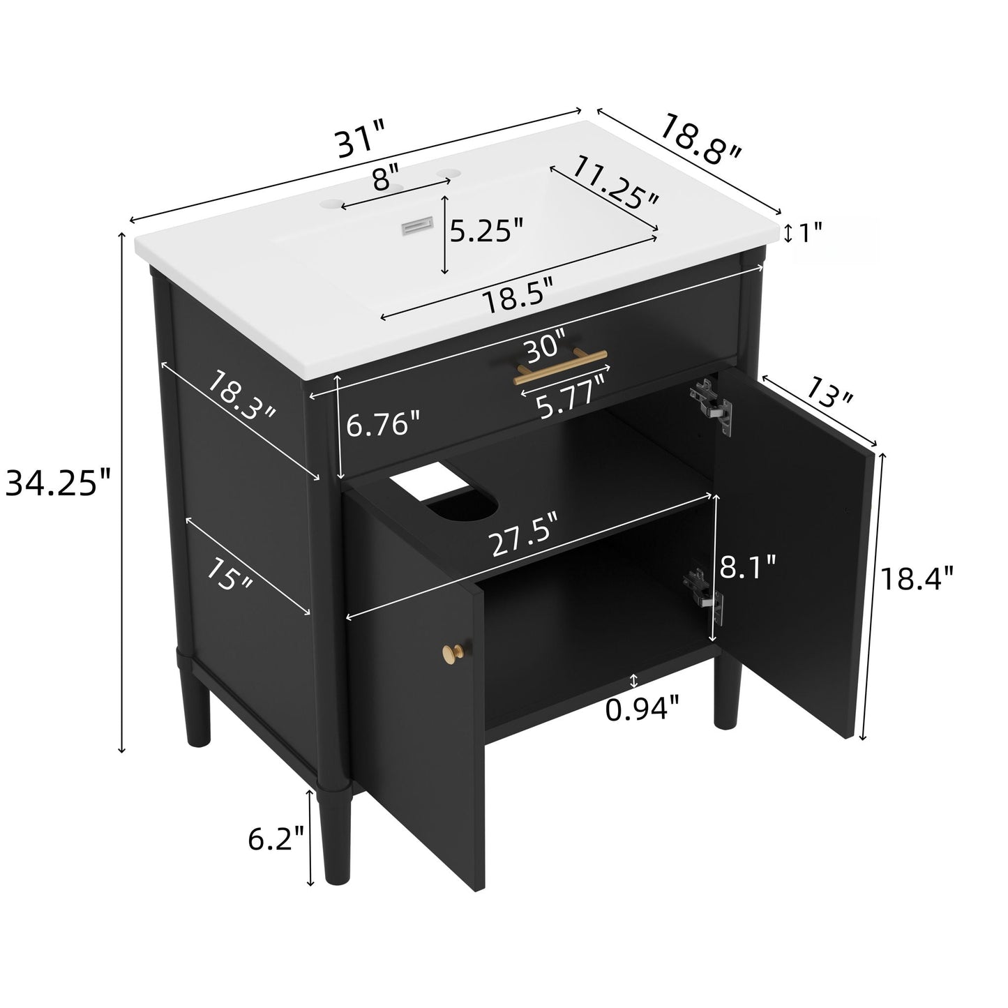 Bathroom vanity with sink, white top, soft close doors, adjustable shelf HouseOfZazla on Tampa Home & Garden Store