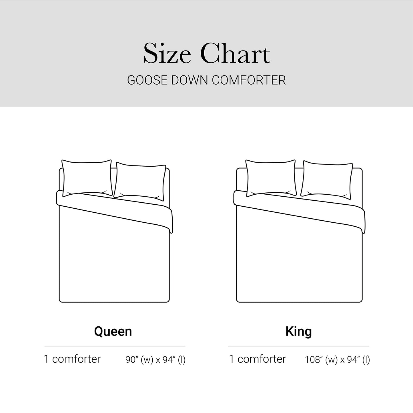 Goose Down Comforter size chart showing 1pc Queen 90x94 and 1pc King 108x94; 100% cotton shell; HouseOfZazla on Tampa Home & Garden Store