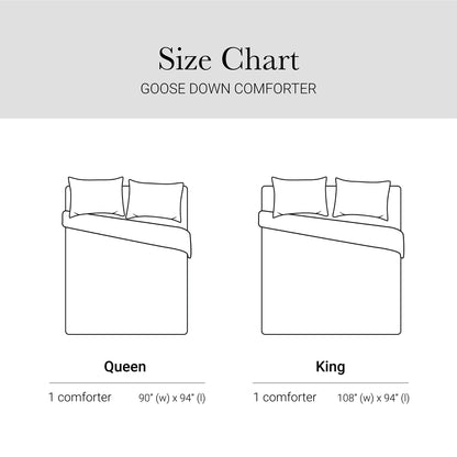 Goose Down Comforter size chart showing 1pc Queen 90x94 and 1pc King 108x94; 100% cotton shell; HouseOfZazla on Tampa Home & Garden Store