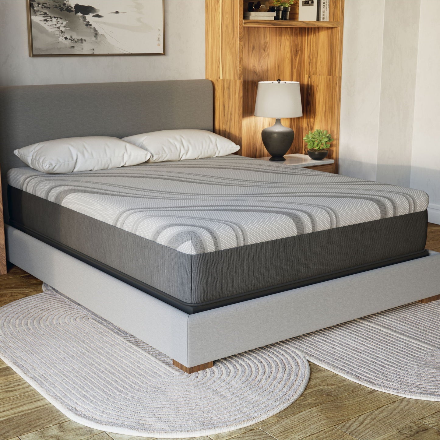 Bib Nl 12in Pro Gel Hybrid Medium Mattress by HouseOfZazla, gray dual-mattress setup on Tampa Home & Garden Store