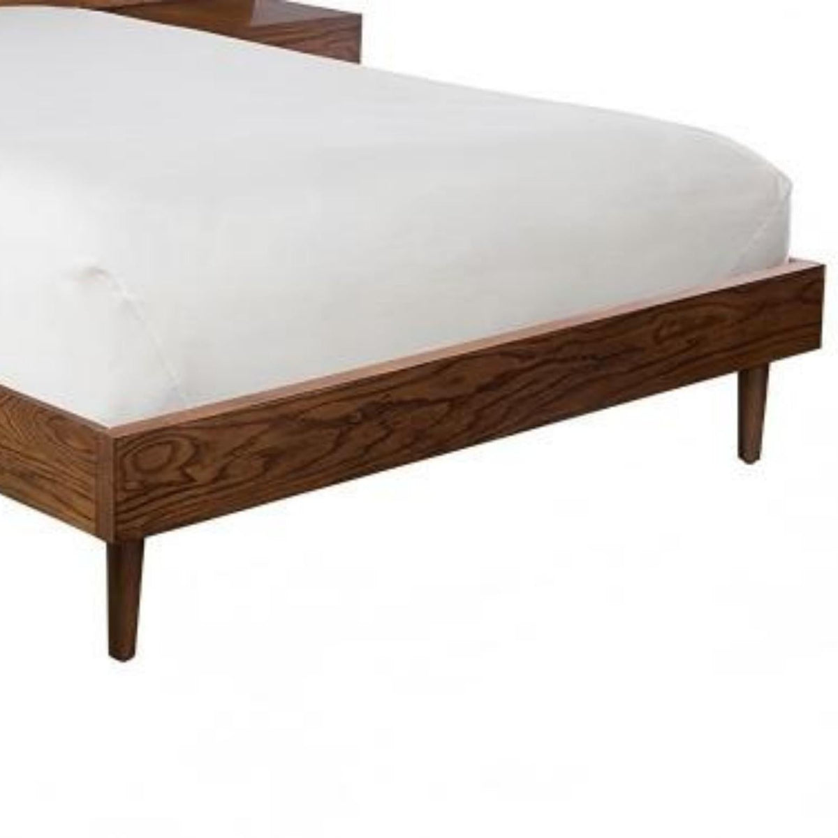 Queen size bed with attached nightstands in pecan finish, wood frame with tapered legs on Tampa Home & Garden Store