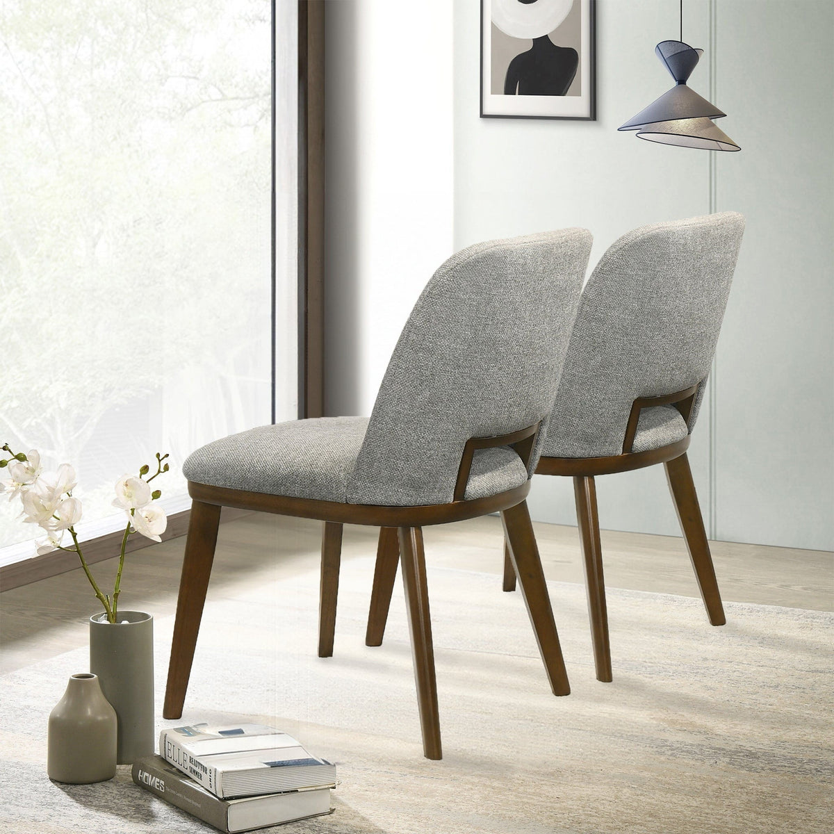 Set of 2 modern dining chairs by HouseOfZazla with walnut bases and gray fabric upholstery on Tampa Home & Garden Store