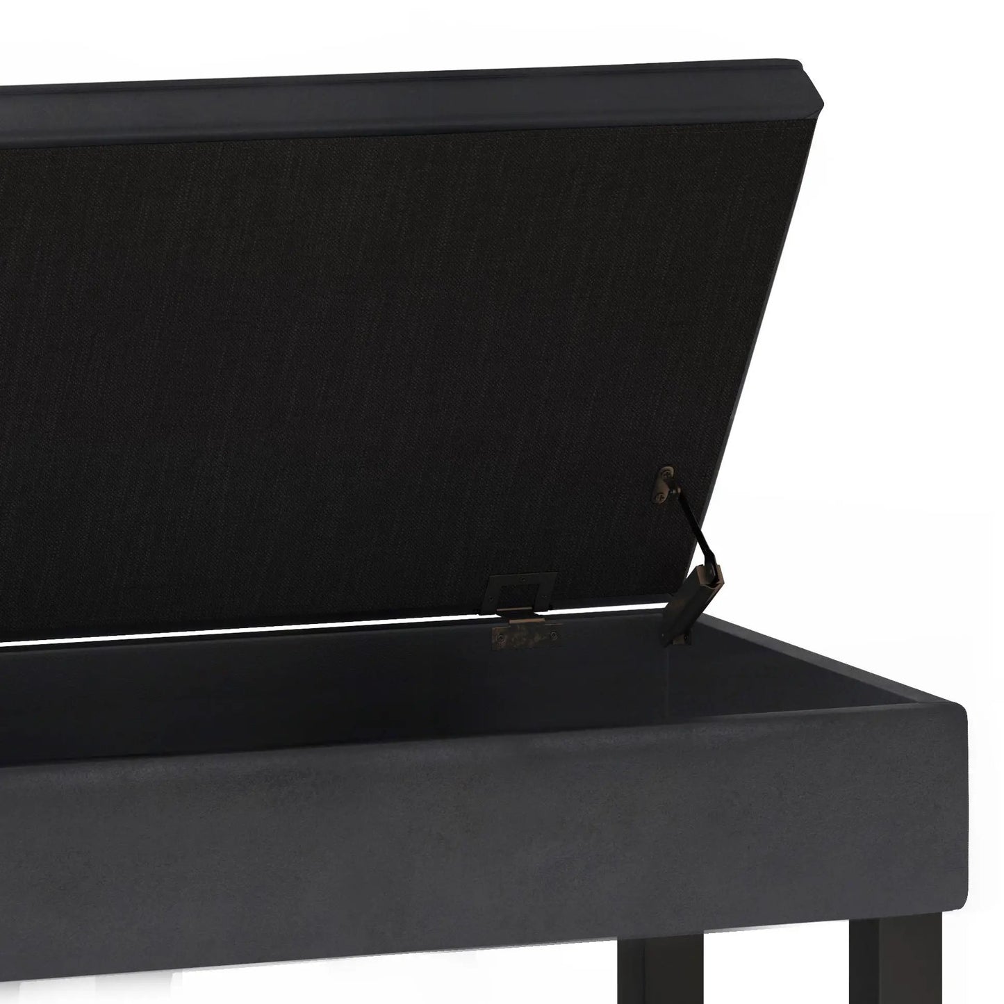 Cosmopolitan storage ottoman bench with open-bottom black fabric and metal hinges on Tampa Home & Garden Store