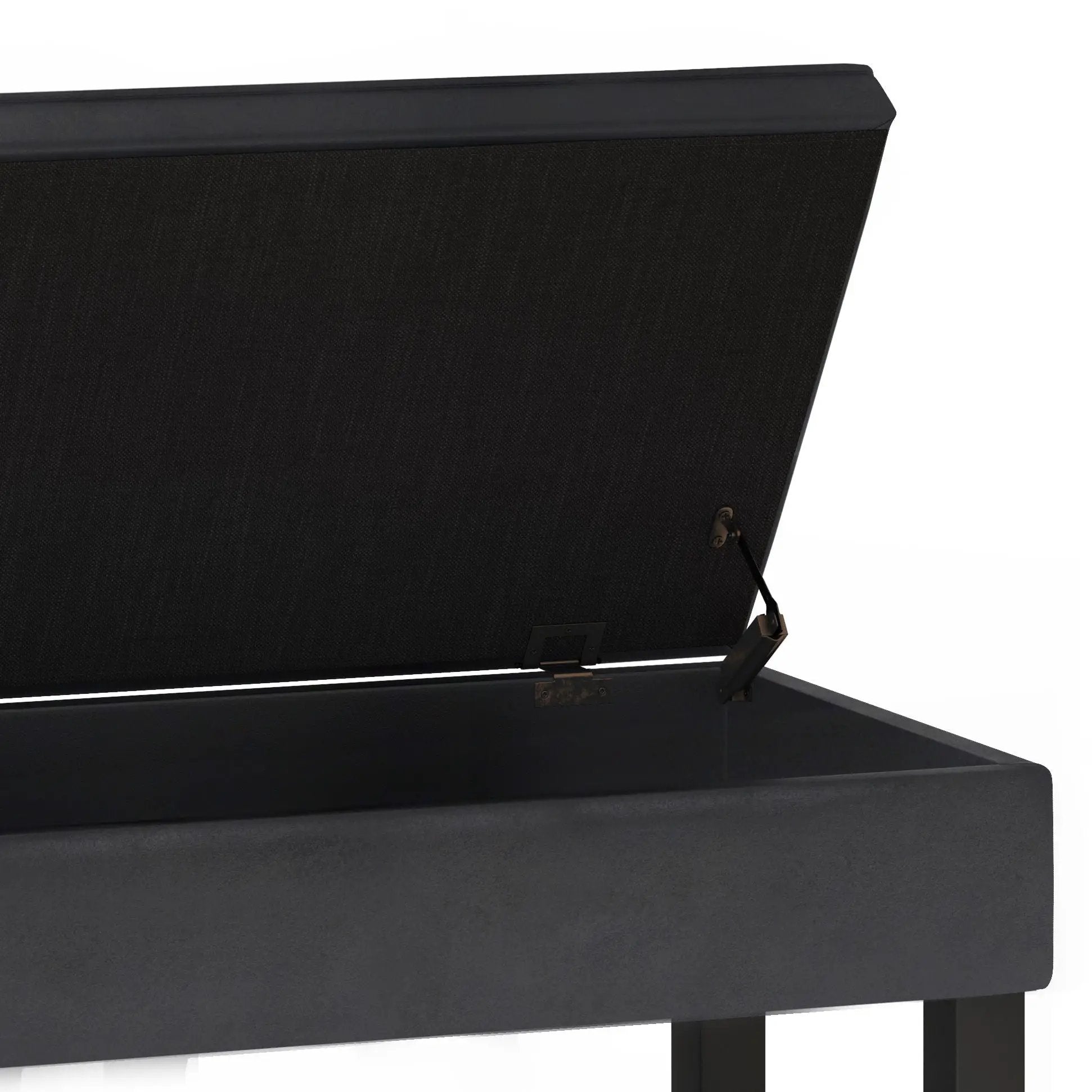 Cosmopolitan storage ottoman bench with open-bottom black fabric and metal hinges on Tampa Home & Garden Store