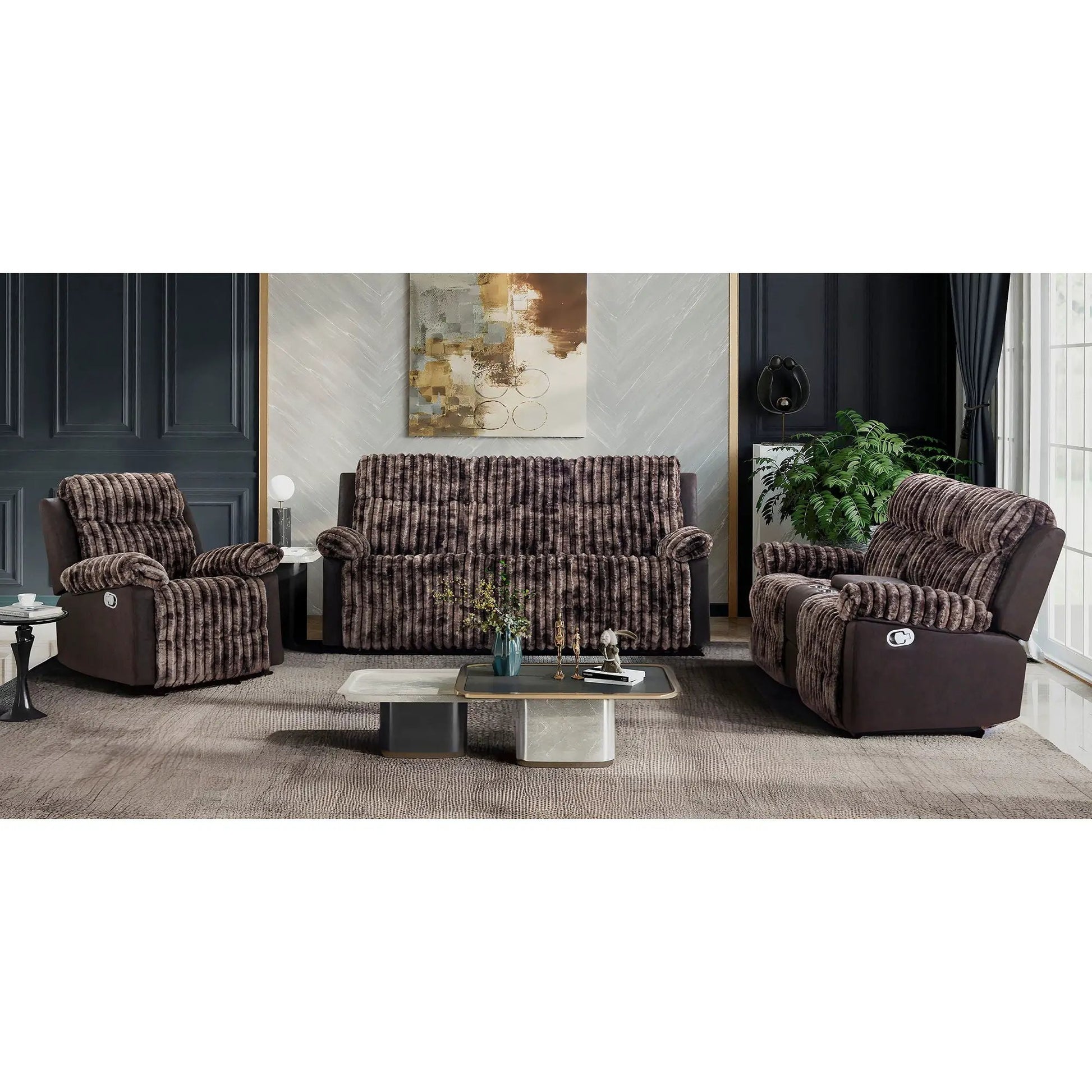 Brenda manual-recline sofa set in chocolate-brown plush fabric 3-piece Unique Piece Furniture on Tampa Home & Garden Store