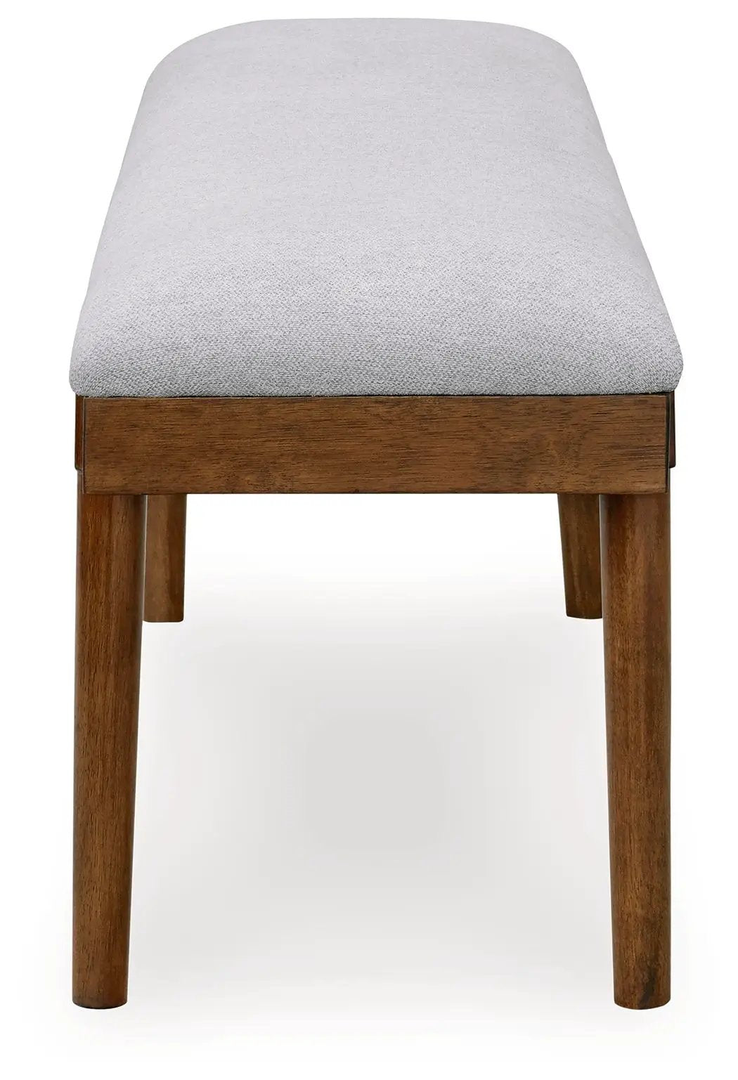 Lyncott large upholstered dining bench gray fabric with brown wood legs on Tampa Home & Garden Store