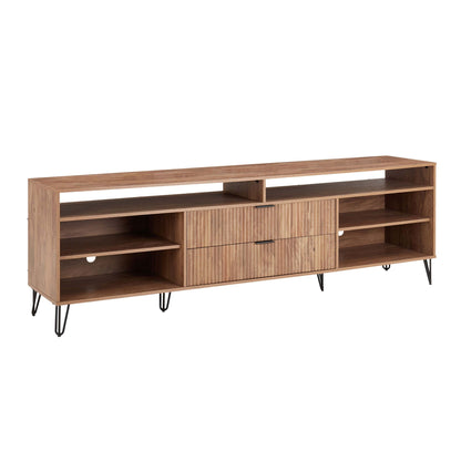 Fluted TV stand with storage shelves and black metal legs in wood finish on Tampa Home & Garden Store