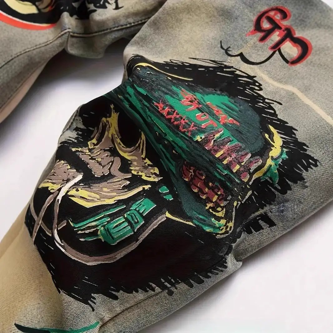 Slim-fit stretch ripped vintage patch jeans by FLIPSTYLEZLLC with graffiti patch on gray denim on Tampa Home & Garden Store