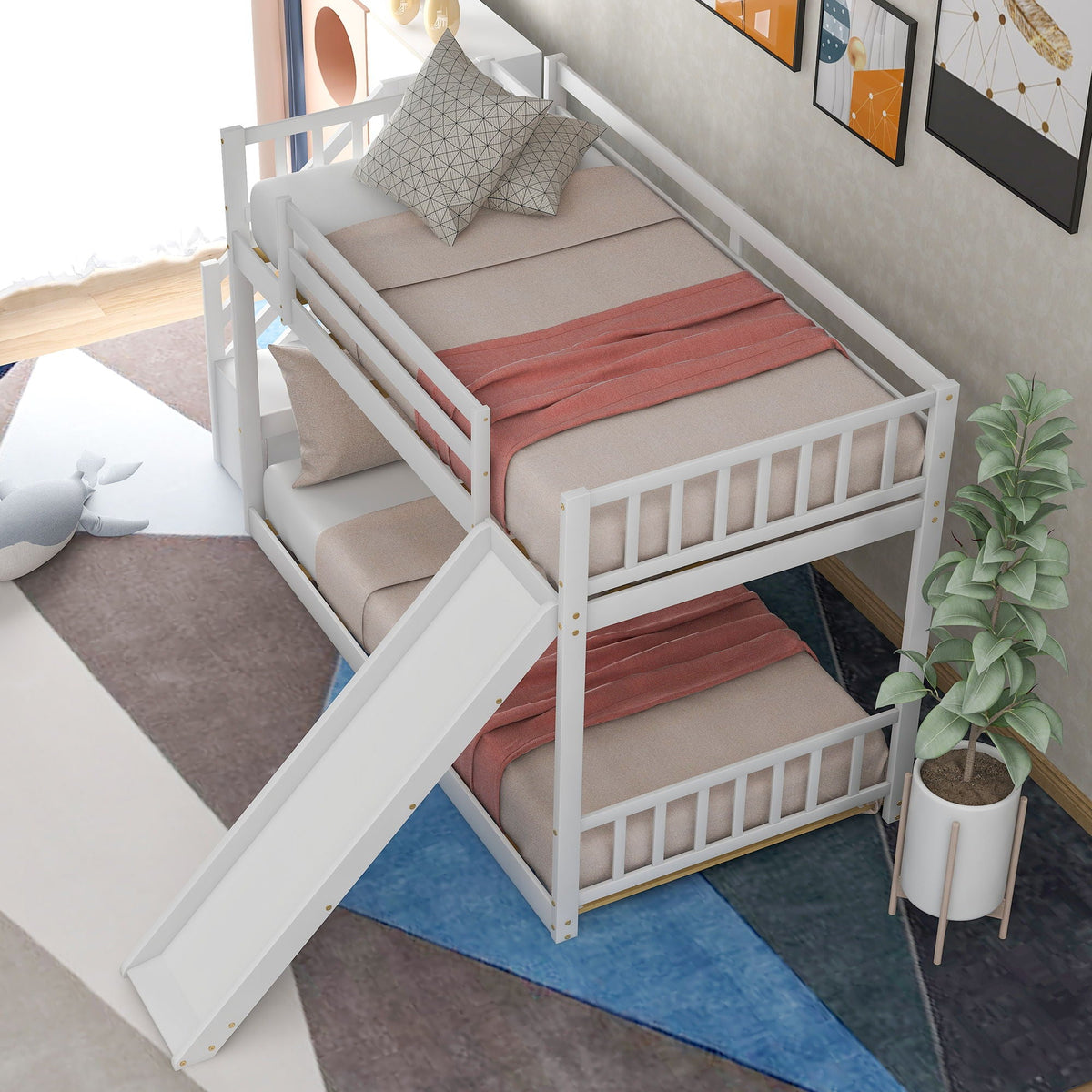 Bunk bed with convertible slide and stairway, white wood frame, beige bedding HouseOfZazla on Tampa Home & Garden Store