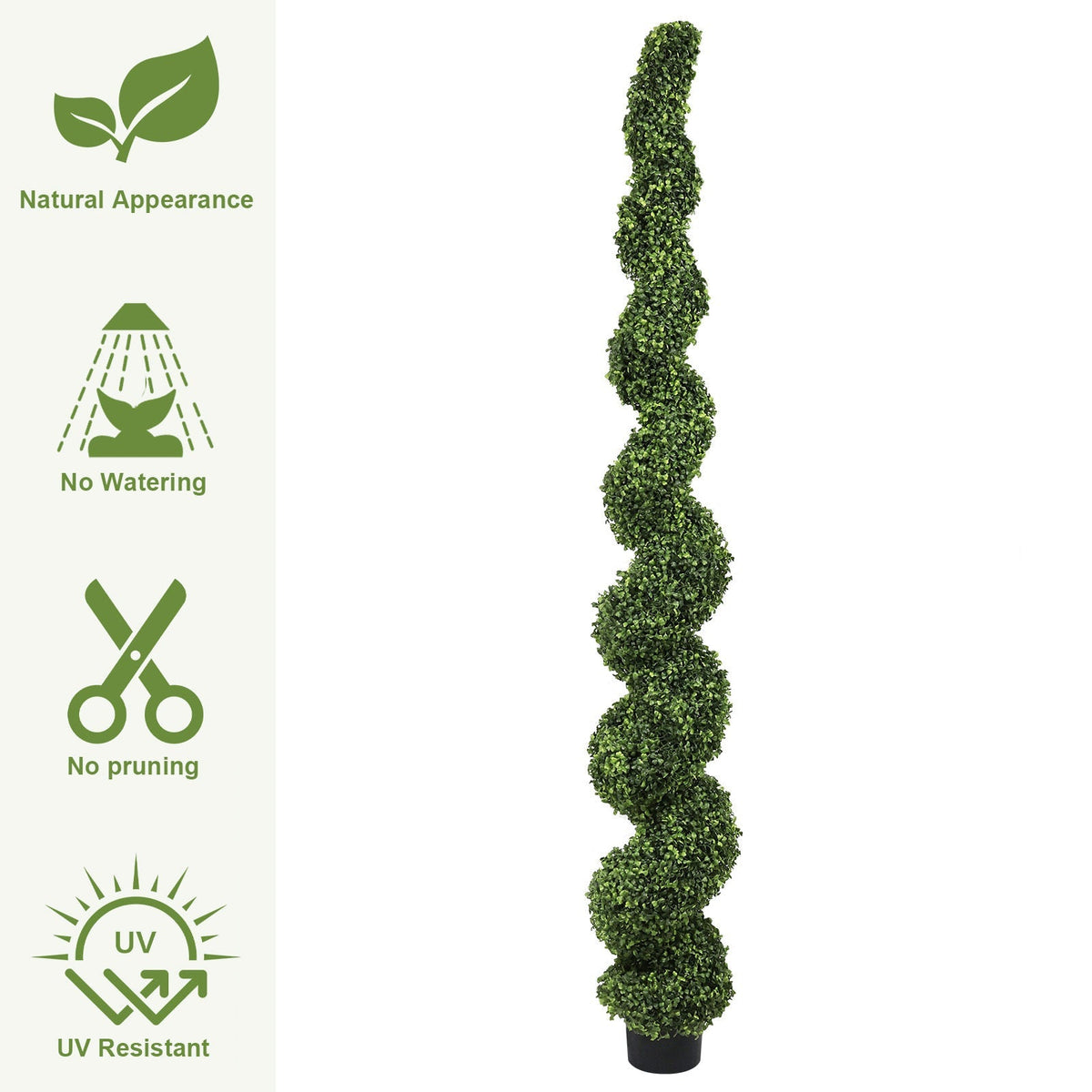 7ft spiral topiary tree made from faux boxwood for outdoor use in a black pot on Tampa Home & Garden Store