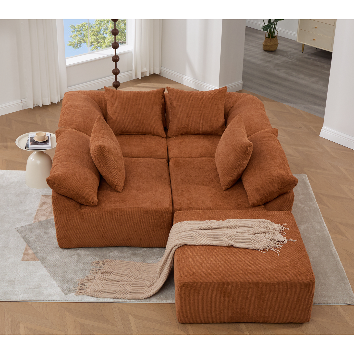 142-inch L-shaped modular sectional sofa in burnt orange textured fabric with plush cushions on Tampa Home & Garden Store