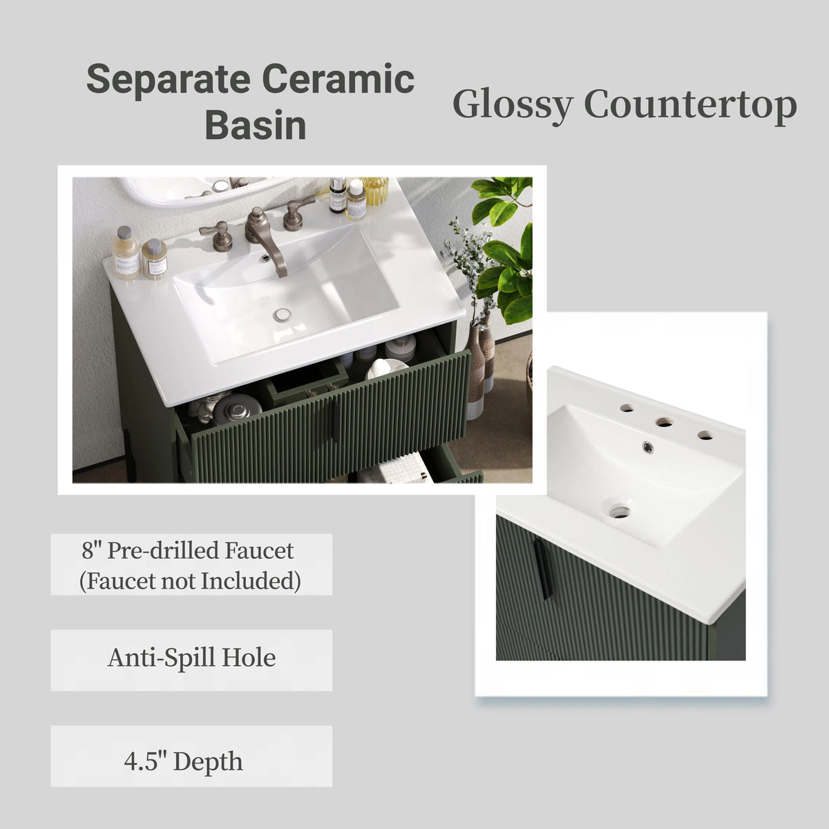 Bathroom vanity with ceramic sink featuring dark green fluted cabinet and white countertop on Tampa Home & Garden Store