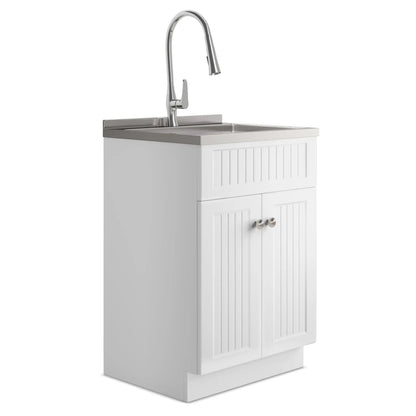 Beckham white laundry cabinet vanity with chrome faucet and stainless steel sink on Tampa Home & Garden Store