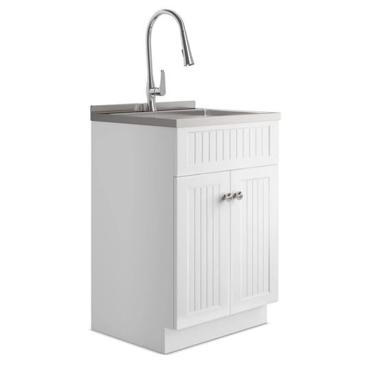 Beckham white laundry cabinet vanity with chrome faucet and stainless steel sink on Tampa Home & Garden Store