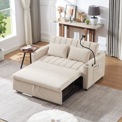 Beige fabric convertible sofa bed with three USB ports, cup holders, swivel phone holder on Tampa Home & Garden Store