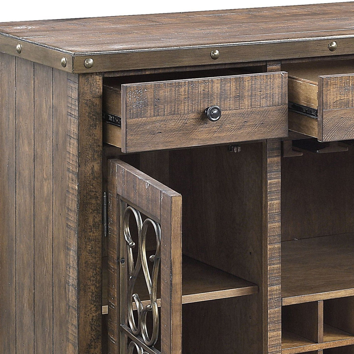 Raphaela Server with cup holder and wine rack in cherry finish by HouseOfZazla rustic wood on Tampa Home & Garden Store