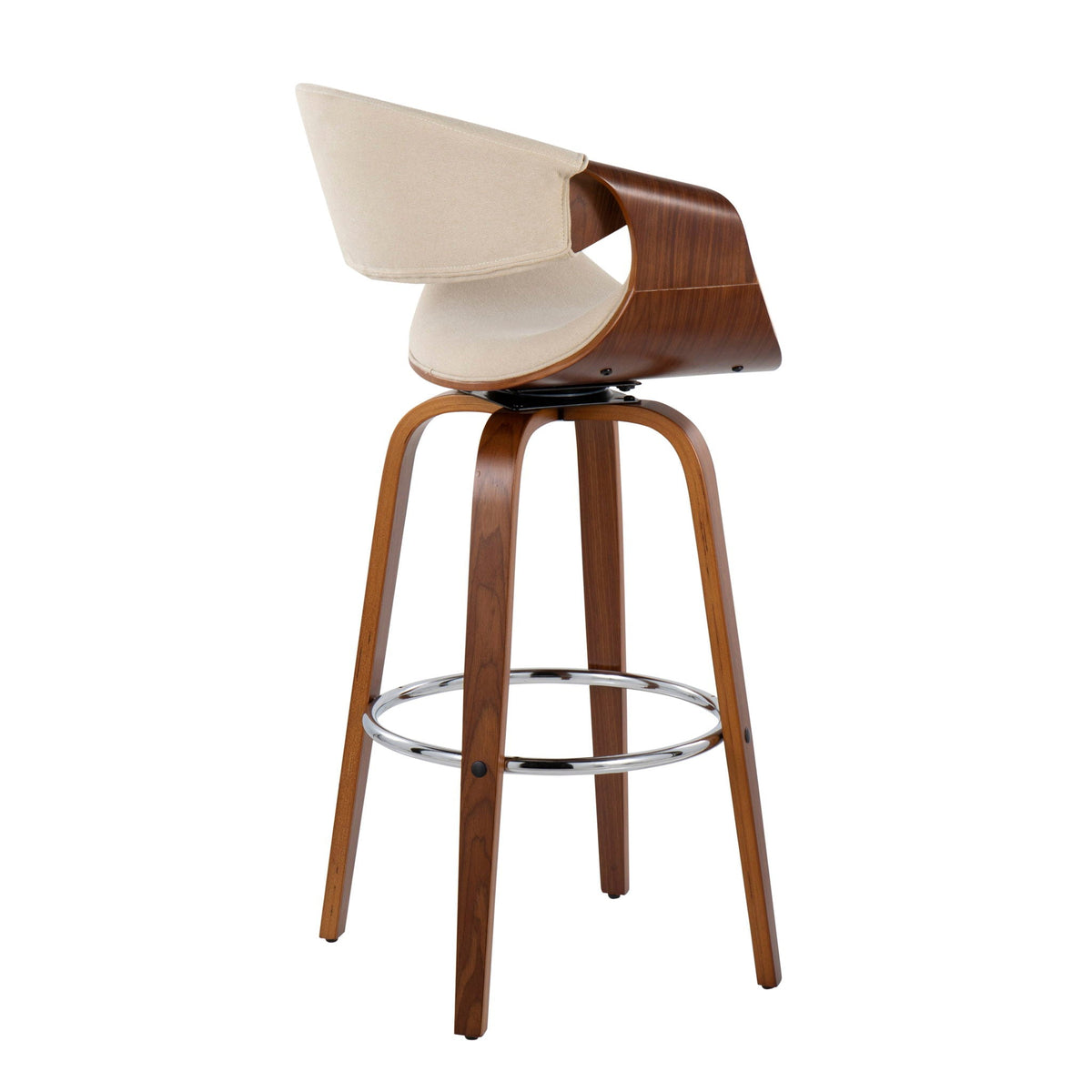 Mid-Century swivel barstool with beige upholstery and walnut curved frame, chrome footrest on Tampa Home & Garden Store