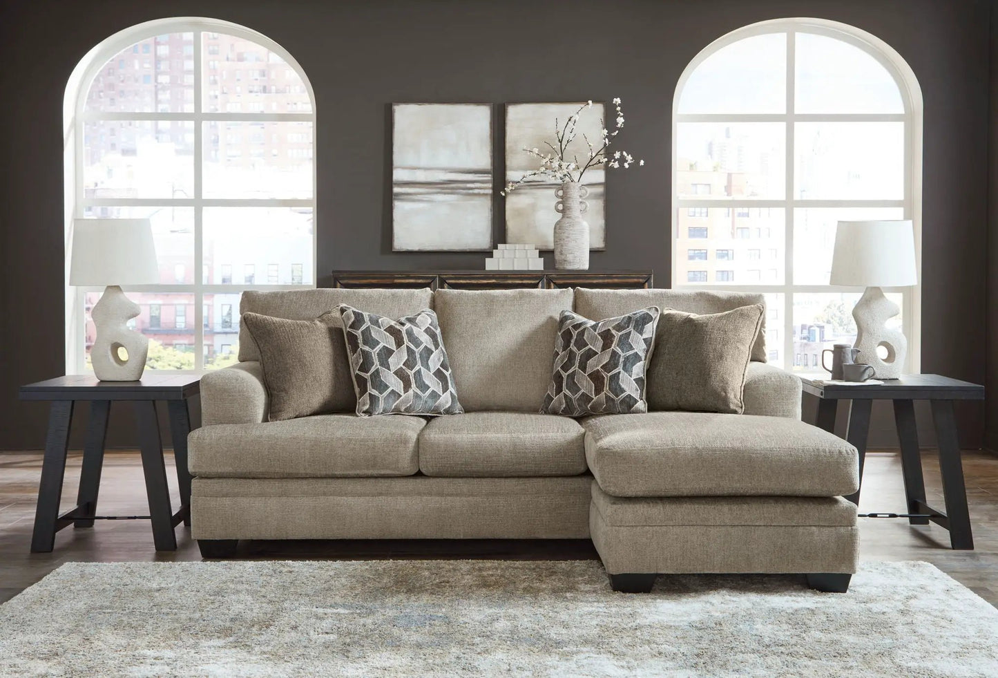 Stonemeade 3-Piece Living Room Set beige fabric sofa with geometric pillows and two tables on Tampa Home & Garden Store