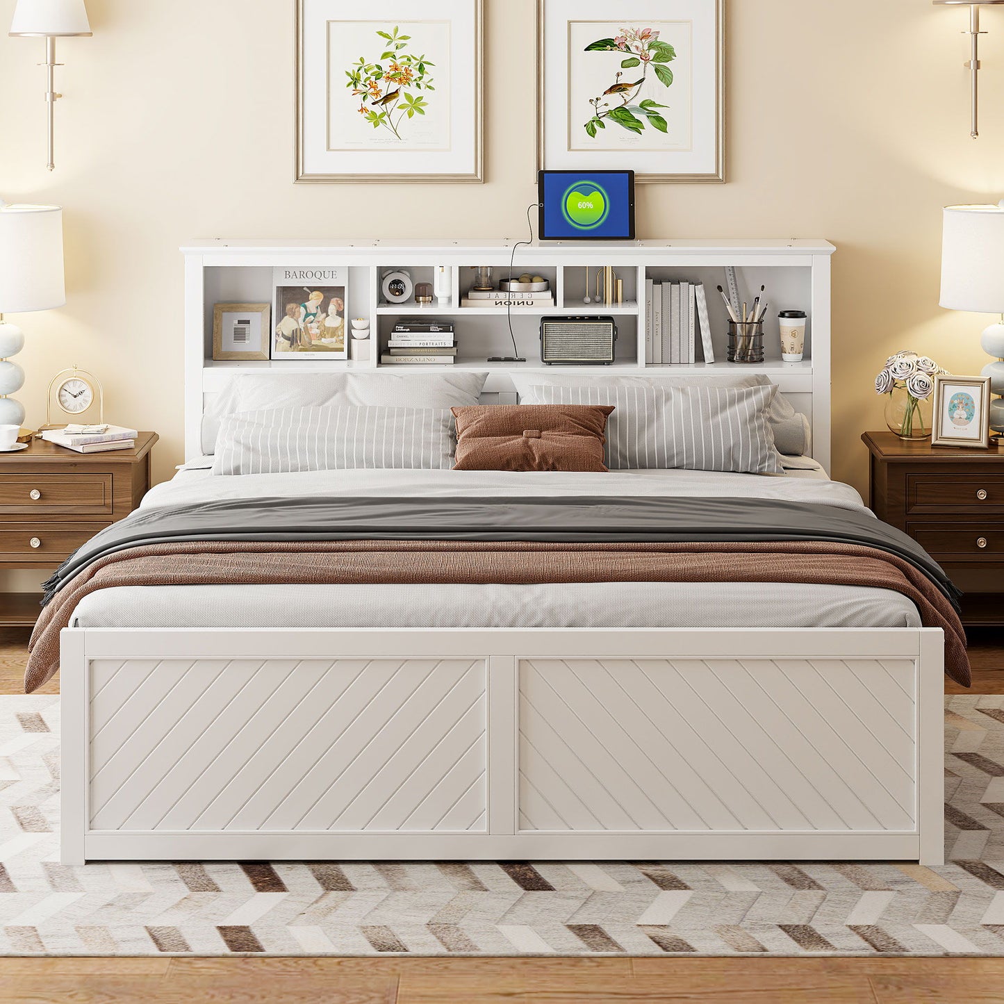 Platform bed with multi storage headboard, USB and drawers, white finish on Tampa Home & Garden Store