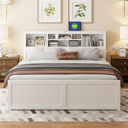 Platform bed with multi storage headboard, USB and drawers, white finish on Tampa Home & Garden Store