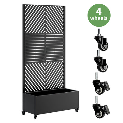 Metal Planter Box with Trellis in black, diagonal design, 4 caster wheels, HouseOfZazla on Tampa Home & Garden Store