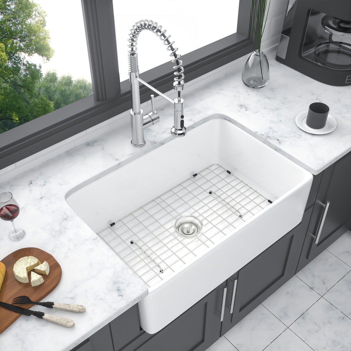 Apron Front Reversible Single Bowl Kitchen Sink with Grid and Strainer, chrome pull-down faucet on Tampa Home & Garden Store