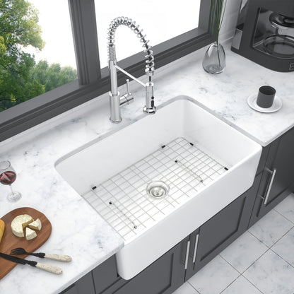 Apron Front Reversible Single Bowl Kitchen Sink with Grid and Strainer, chrome pull-down faucet on Tampa Home & Garden Store