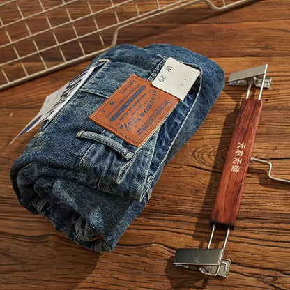 Heavy weight cargo jeans blue denim loose straight by FLIPSTYLEZLLC with leather patch on Tampa Home & Garden Store