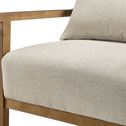 Arm accent chair with lumbar pillow in beige woven upholstery and wooden frame on Tampa Home & Garden Store