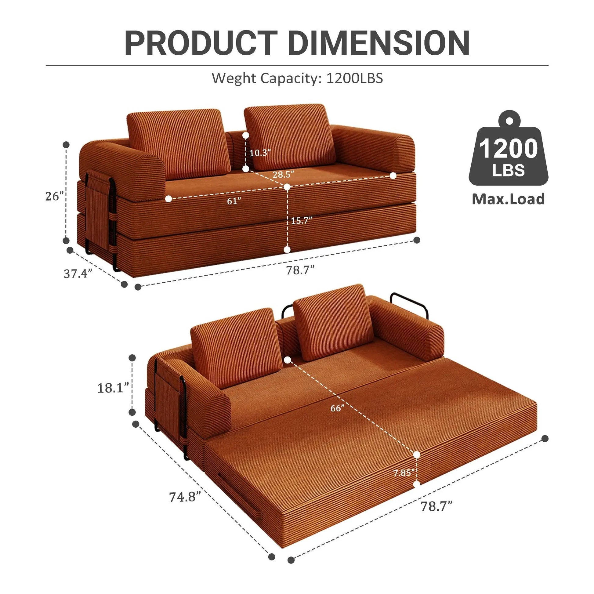 Convertible Sleeper Sofa Bed with Cylindrical Pillow, orange corduroy 78.7 in long on Tampa Home & Garden Store
